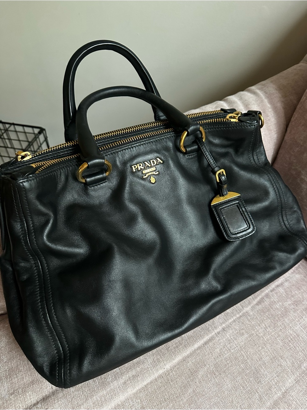 Prada Black Soft Calf Leather Galleria Vitello Daino with Gold Hardware Tote